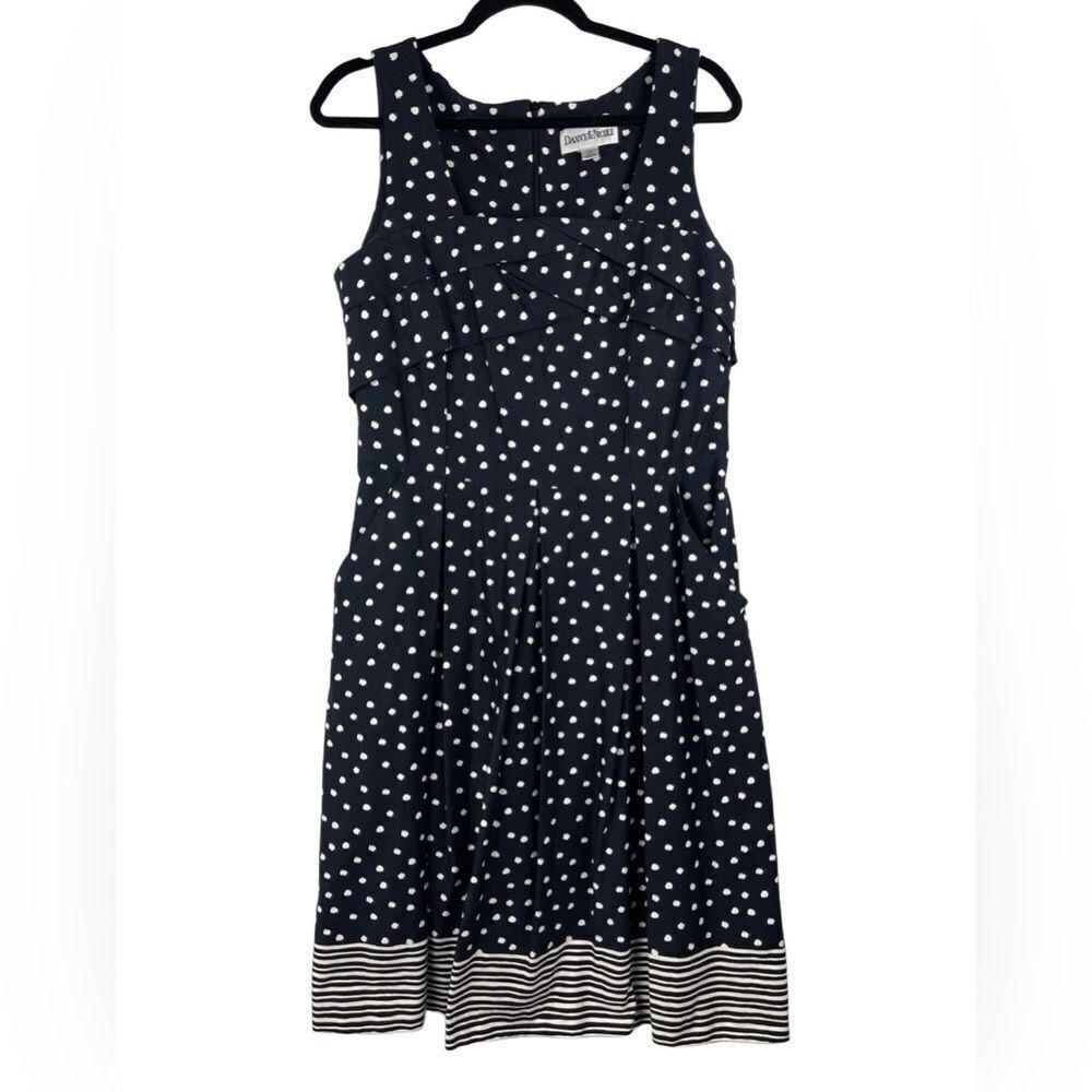 Danny & Nicole Black w white polka dots splashes fit & flare dress sz 12 pleated